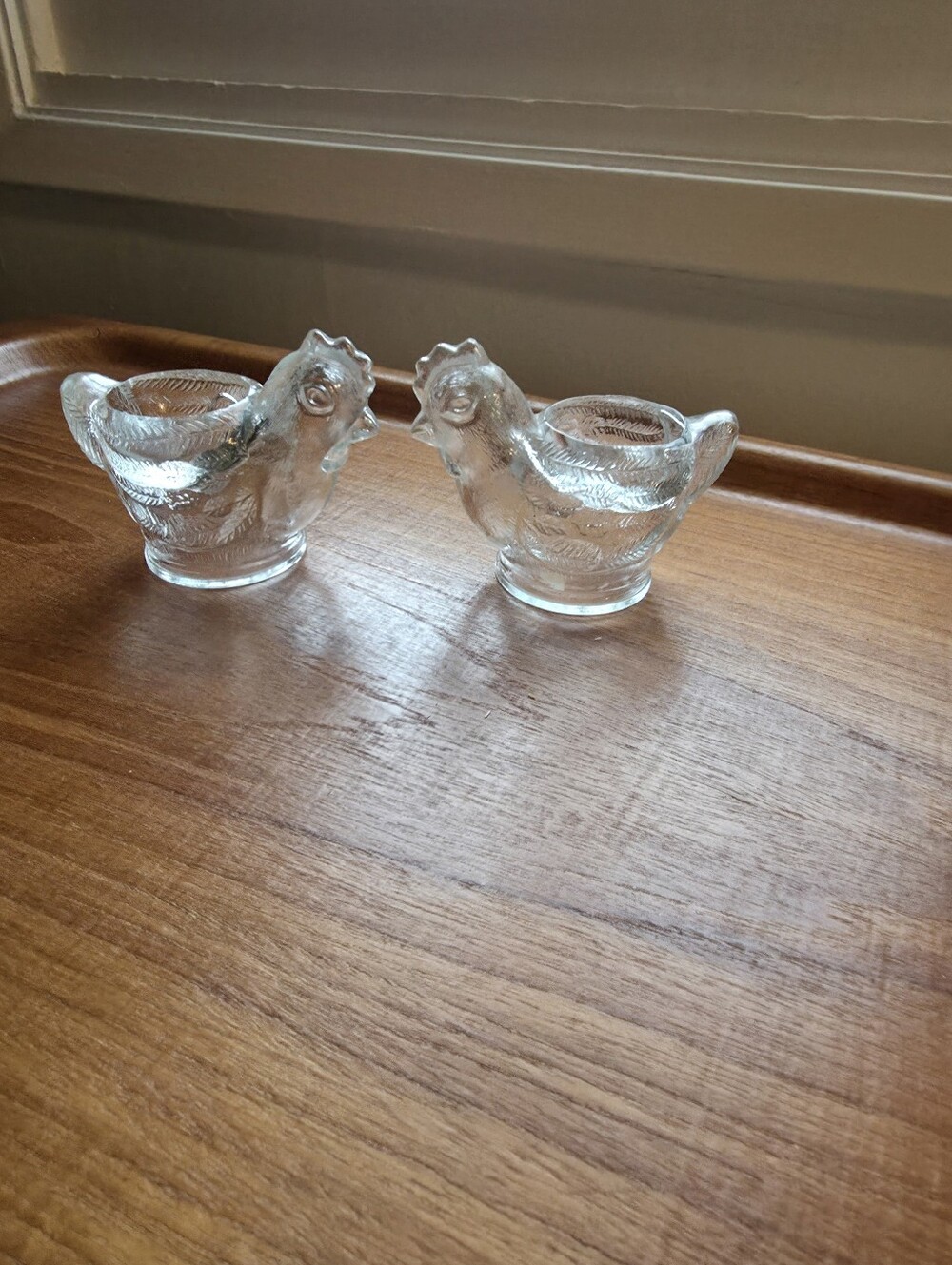 Vintage clear pressed glass hen, chicken egg cups, Mid Century